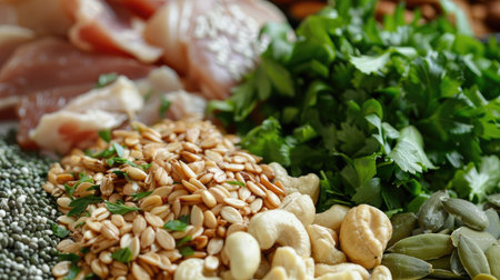 Keto diet ingredients: close-up of nuts, seeds, lean meats, and green vegetables, presented attractivelyの素材