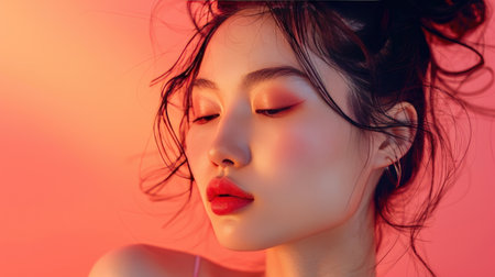 Presentation by an Asian woman with a one-color backdrop, symbolizing modern beauty and confidenceの素材