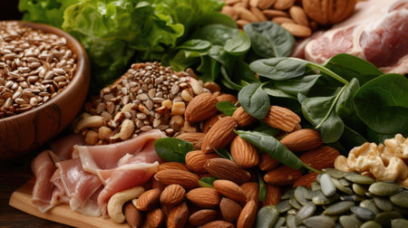 Ingredients for a keto-friendly diet: nuts, seeds, lean meats, and leafy greens, in a close-up shot.の素材