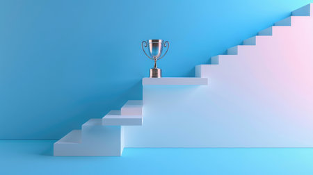 Pinnacle of achievement: top of arranged steps with a trophy symbolizing success.の素材