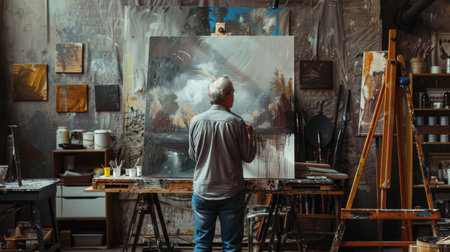 Mature male artist at work, painting in his studio, a scene of artistic dedicationの素材