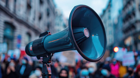 Megaphone at a protest, its background blurred, representing the collective strength of advocates for change.の素材