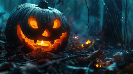 Jack O' Lantern glowing in the moonlight, pumpkins burning in the forest at night for Halloween.の素材
