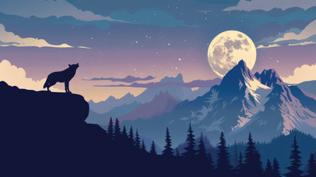 Lone wolf howls at the full moon, silhouetted against a breathtaking mountain vista.の素材