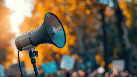 Image of a megaphone in use at a protest, background blurred, symbolizing the amplified voice of activists.の素材