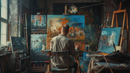 Mature male artist at work, painting in his studio, a scene of artistic dedicationの素材