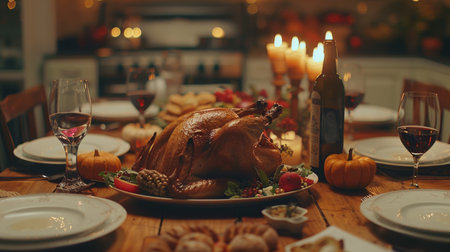 Holiday feast: Thanksgiving turkey on a wooden table, set for a family dinner.の素材