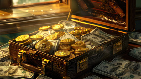 Overflowing briefcase filled with gold coins and cash, a vivid depiction of prosperity.の素材