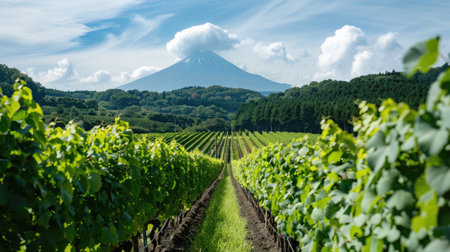 Lush Kyoho vineyard with the iconic Mount Fuji in the background.の素材