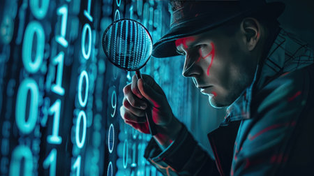 Male detective using a magnifying glass to examine digital numbers 0 and 1, symbolizing cybercrime investigationの素材
