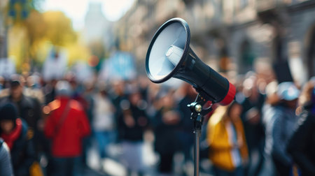 Protest scene with a megaphone in focus, background blurred, representing social justice and advocacy.の素材