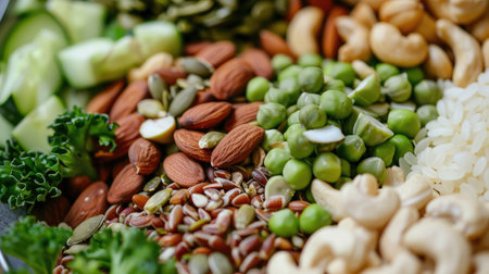Keto diet ingredients: close-up of nuts, seeds, lean meats, and green vegetables, presented attractivelyの素材