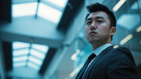 Portrait of a young Asian businessman in formal wear, exuding confidence and success in a professional office setting.の素材