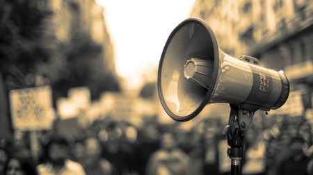 Megaphone at a protest, its background blurred, representing the collective strength of advocates for change.の素材