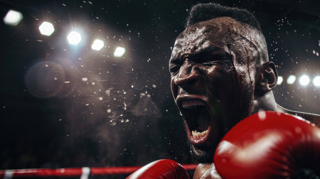 Intense moment: boxer screams in the ring post-fight, highlighting raw emotion.の素材