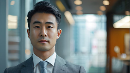Portrait of a young Asian businessman in formal wear, exuding confidence and success in a professional office setting.の素材