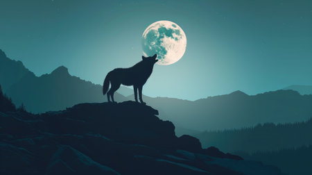 Silhouetted lone wolf howling at the full moon, with a stunning mountain background.の素材