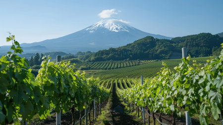 Lush Kyoho vineyard with the iconic Mount Fuji in the background.の素材