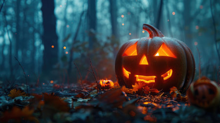 Jack O' Lantern glowing in the moonlight, pumpkins burning in the forest at night for Halloween.の素材