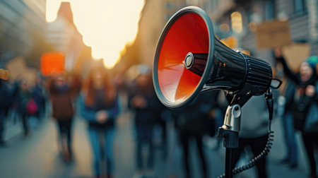 Protest scene with a megaphone in focus, background blurred, representing social justice and advocacy.の素材