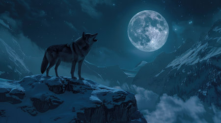 Howling wolf under the full moon, set against a majestic mountain landscape.の素材