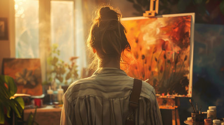 Scene of a woman artist painting, viewed from the back, in a well-lit workspace.の素材