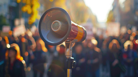 Megaphone at a protest, its background blurred, representing the collective strength of advocates for change.の素材