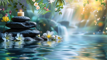 Serene spa treatment banner featuring stones, water flow, candles, and flowers, emphasizing relaxation.の素材