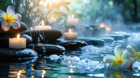 Serene spa treatment banner featuring stones, water flow, candles, and flowers, emphasizing relaxation.の素材