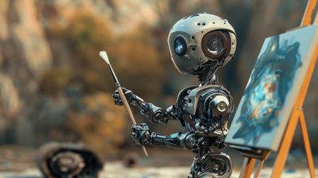 Robot with a paintbrush, capturing the blend of technology and traditional art in a creative scene.の素材