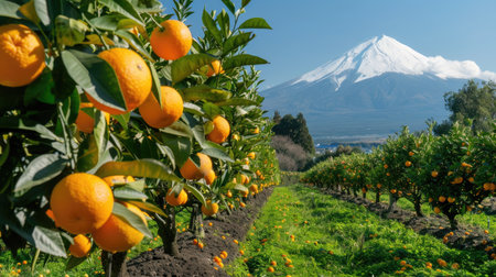 Orange grove set against the majestic backdrop of Mount Fuji, showcasing nature's beauty.の素材