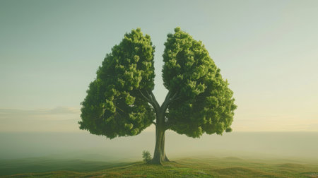 Trees shaped like human lungs standing proudly in a clear sky, symbolizing the connection between nature, health, and fitness, suitable for wellness themes.の素材