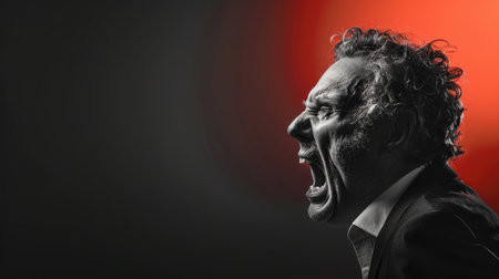 Side view of an angry senior businessman shouting, his face red with frustration. Monochrome background, intense expressionの素材