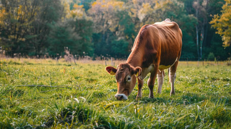 Cow grazing in a green pasture, emphasizing livestock farming and animal husbandry in agriculture.の素材