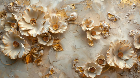 Plastered wall adorned with volumetric decorative exotic flowers in stucco, highlighted with gold elements.の素材