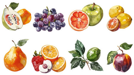 Modern and stylized fruit painting icons set of 9, arranged symmetrically on white backgroundの素材