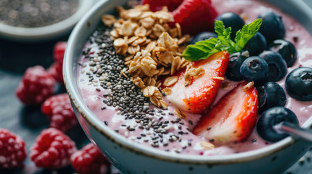 A close-up of a smoothie bowl topped with granola, chia seeds, and fresh berries, highlighting a nutritious breakfastの素材