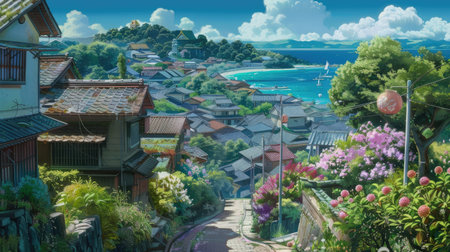 Peaceful Ghibli coastal town with charming houses, blooming gardens, and a calm blue seaの素材