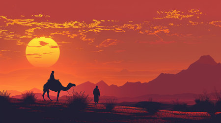 Silhouette of a man and camel walking at sunset, set in a desert landscape. Beautiful and tranquil sceneの素材