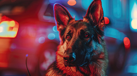Close-up of a K9 German Shepherd police dog, with a car and red-blue lights in the background. Security and protectionの素材