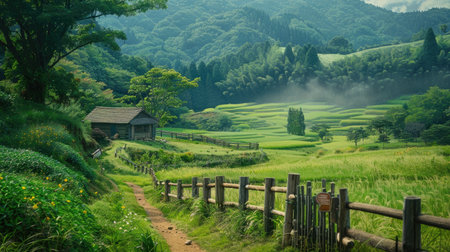 Serene Ghibli countryside with rolling green fields, a wooden fence, and a quaint farmhouseの素材