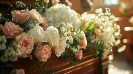 Flowers on a brown wooden coffin at a funeral, highlighting the mourning and farewell ceremony. Remembrance of the deceasedの素材