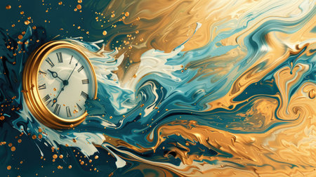 Surreal illustration of a golden and mercury clock melting in a distorted, fluid manner, representing the illusion of timeの素材