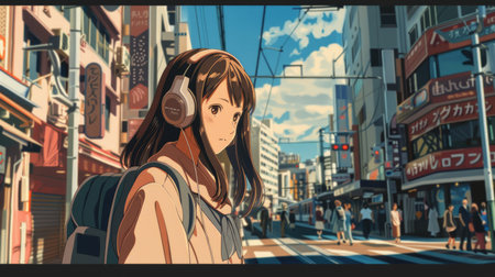Lo-fi college girl with headphones, cute Ghibli illustration, relaxing backdrop amidst city hustle and bustleの素材