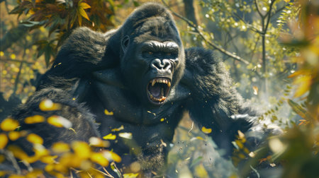 Roaring silverback black gorilla in the jungle, showcasing its strength and dominance. Wild and fierce animalの素材