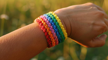 Close-up of a rainbow wristband on a person's arm, symbolizing LGBT pride and solidarityの素材