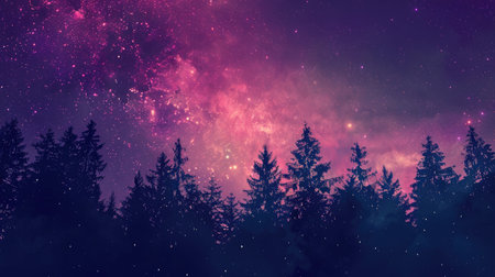 Beautiful gradient starry sky in cosmic violet and pink hues with forest tree silhouettes, perfect for phone wallpaperの素材