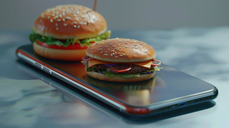 3D render of a mobile phone with an online food delivery app, showcasing a pizza and burger, representing modern dining solutionsの素材