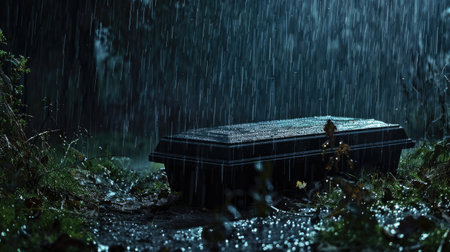 Graveyard scene with a black coffin under pouring rain, highlighting grief and mourning. Depressive and emotionalの素材