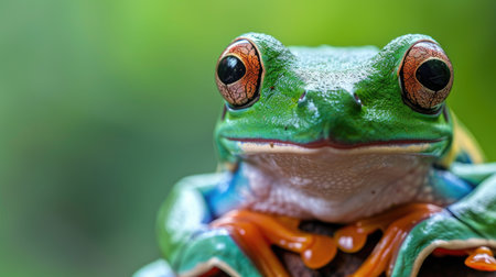 Close-up of a green white-lipped tree frog, capturing its unique features and vibrant colorsの素材